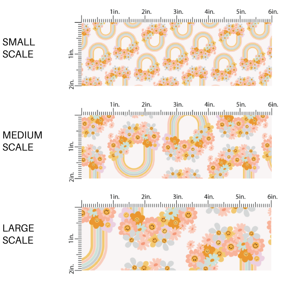 Pale Pink fabric by the yard scaled image guide with rainbows and smiley faces