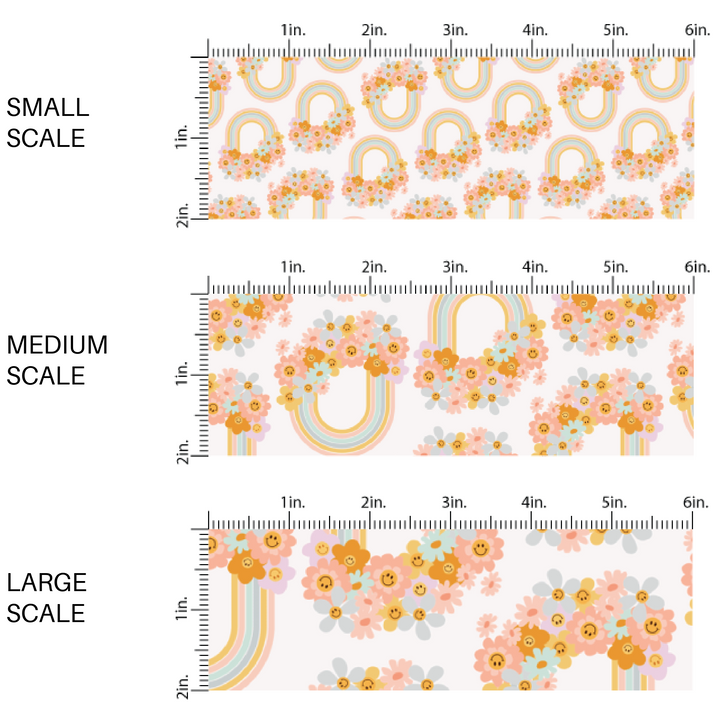 Pale Pink fabric by the yard scaled image guide with rainbows and smiley faces