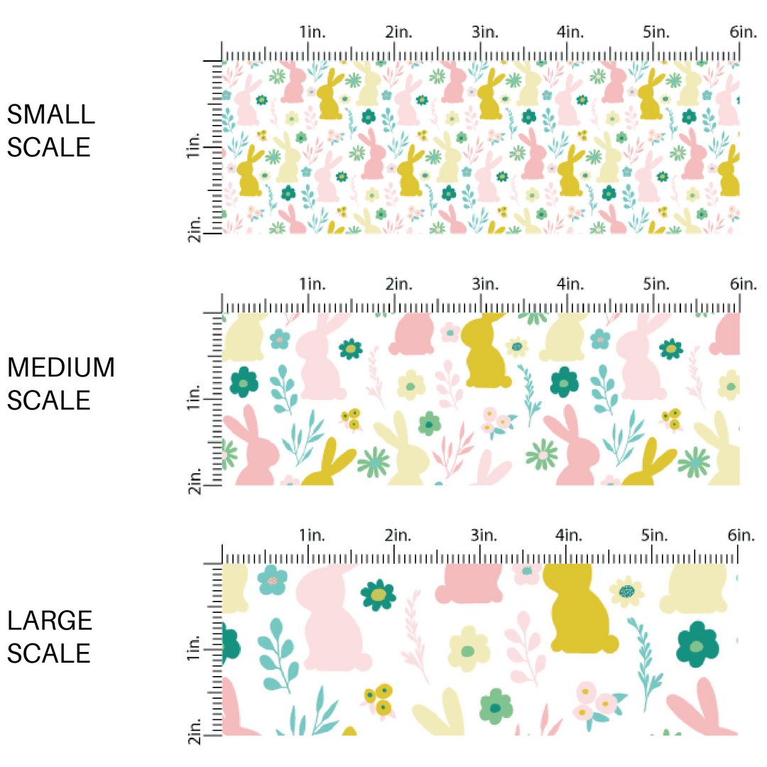 White fabric by the yard scaled image guide with pink and gold bunny rabbit silhouettes.