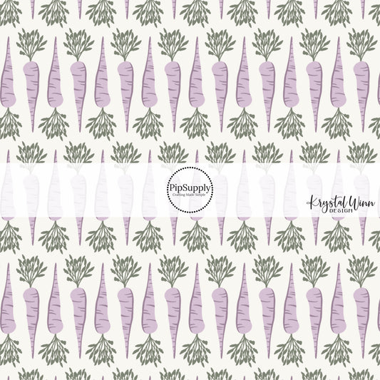 white fabric by the yard with purple and green carrots