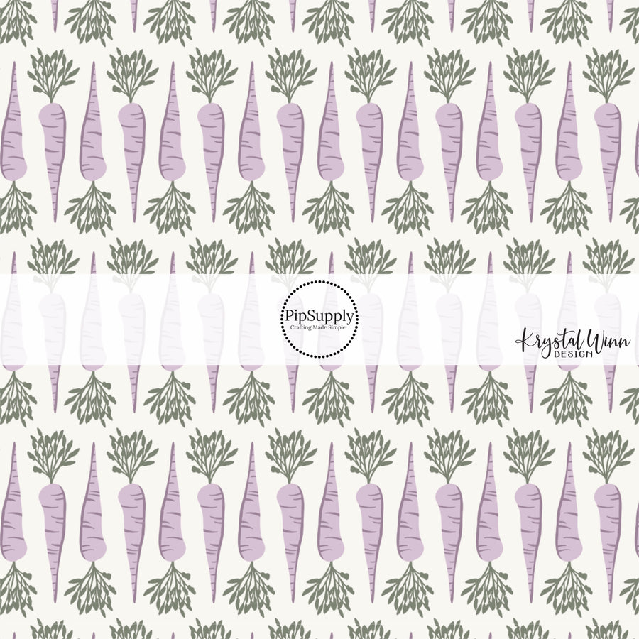 white fabric by the yard with purple and green carrots