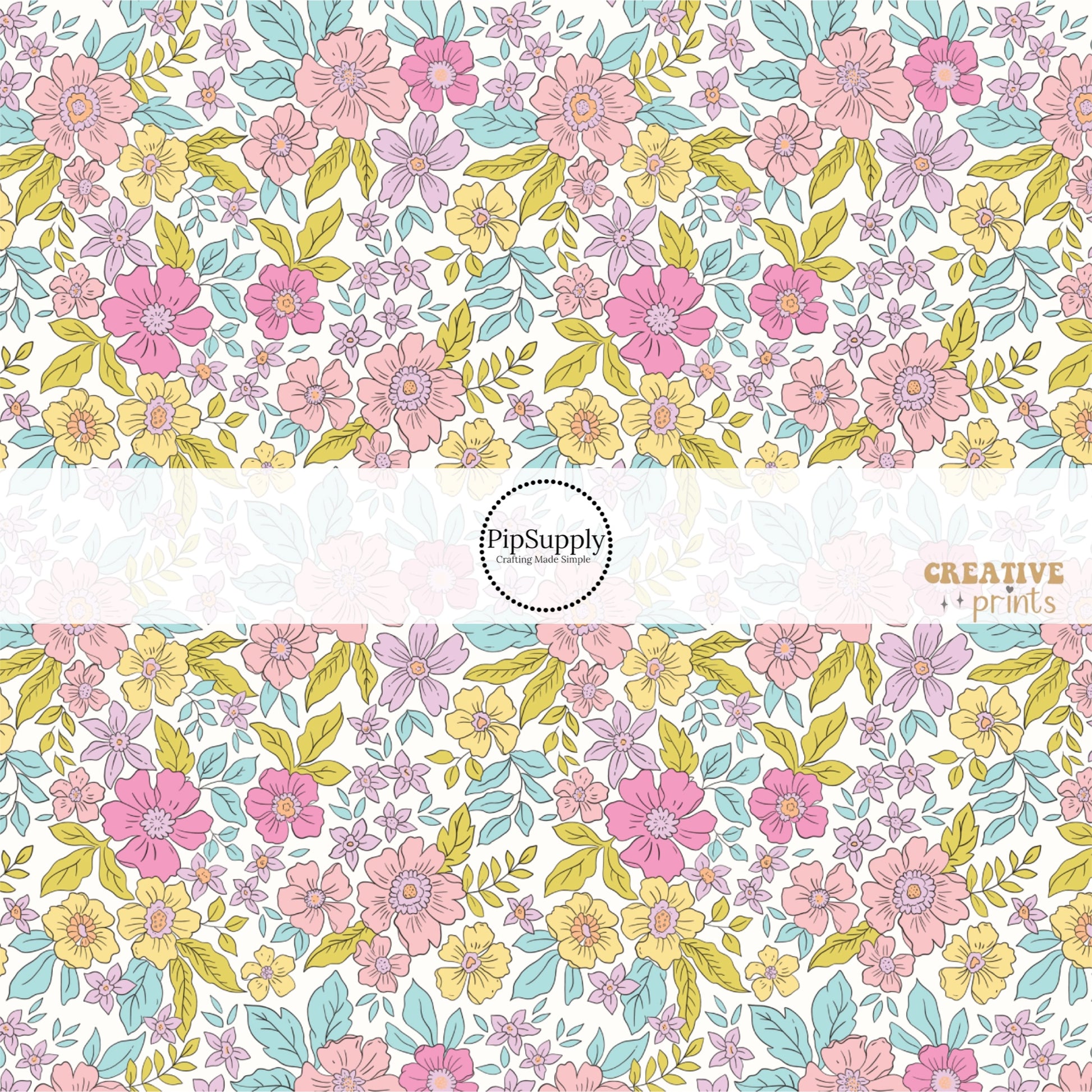 Pink, Purple, and Yellow flowers with blue leaves fabric by the yard - Spring Easter Floral Fabric 