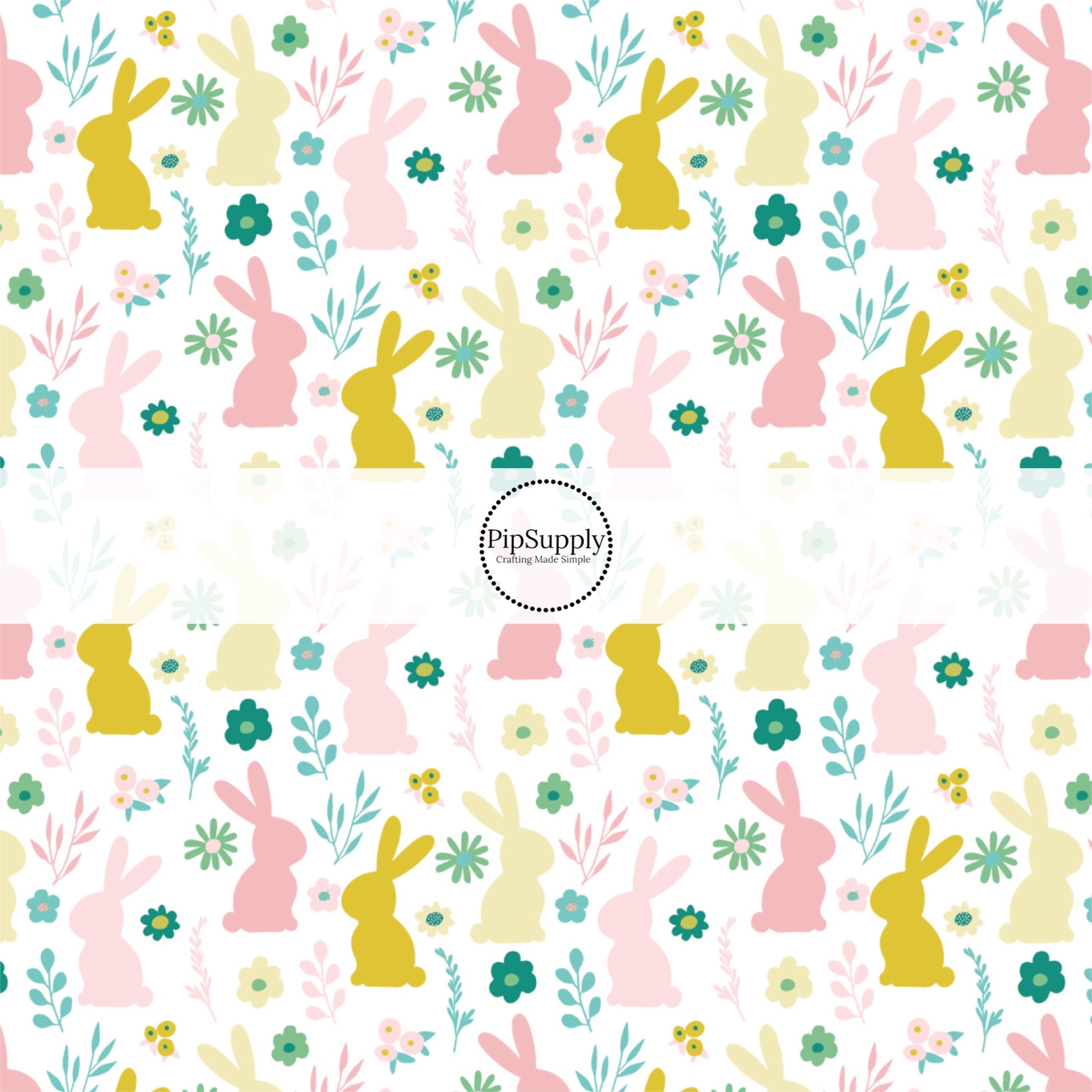 White fabric by the yard with pink and gold bunny rabbit silhouettes. - Spring Easter Fabric 