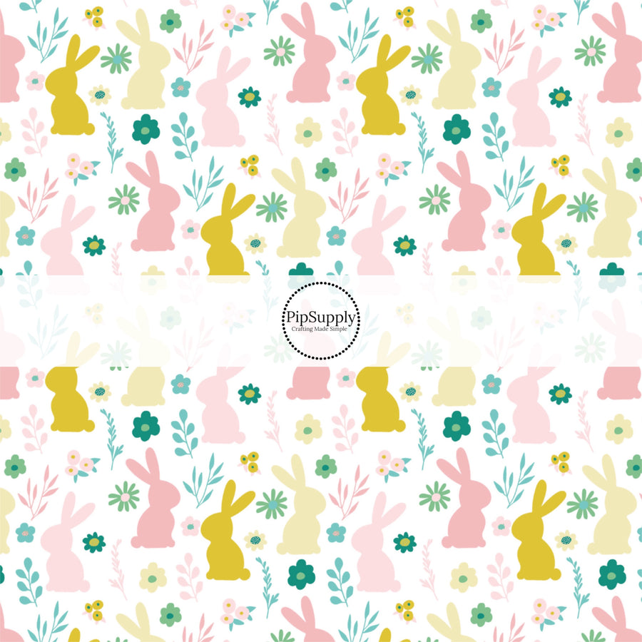 White fabric by the yard with pink and gold bunny rabbit silhouettes. - Spring Easter Fabric 