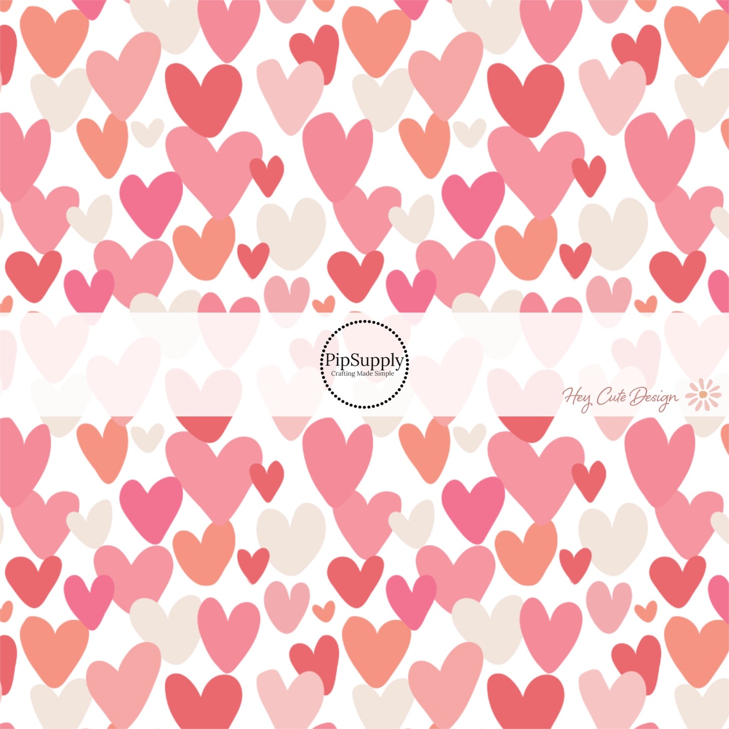 Hot pink, cream, light pink, coral hearts on white fabric by the yard - Valentines Day Fabrics