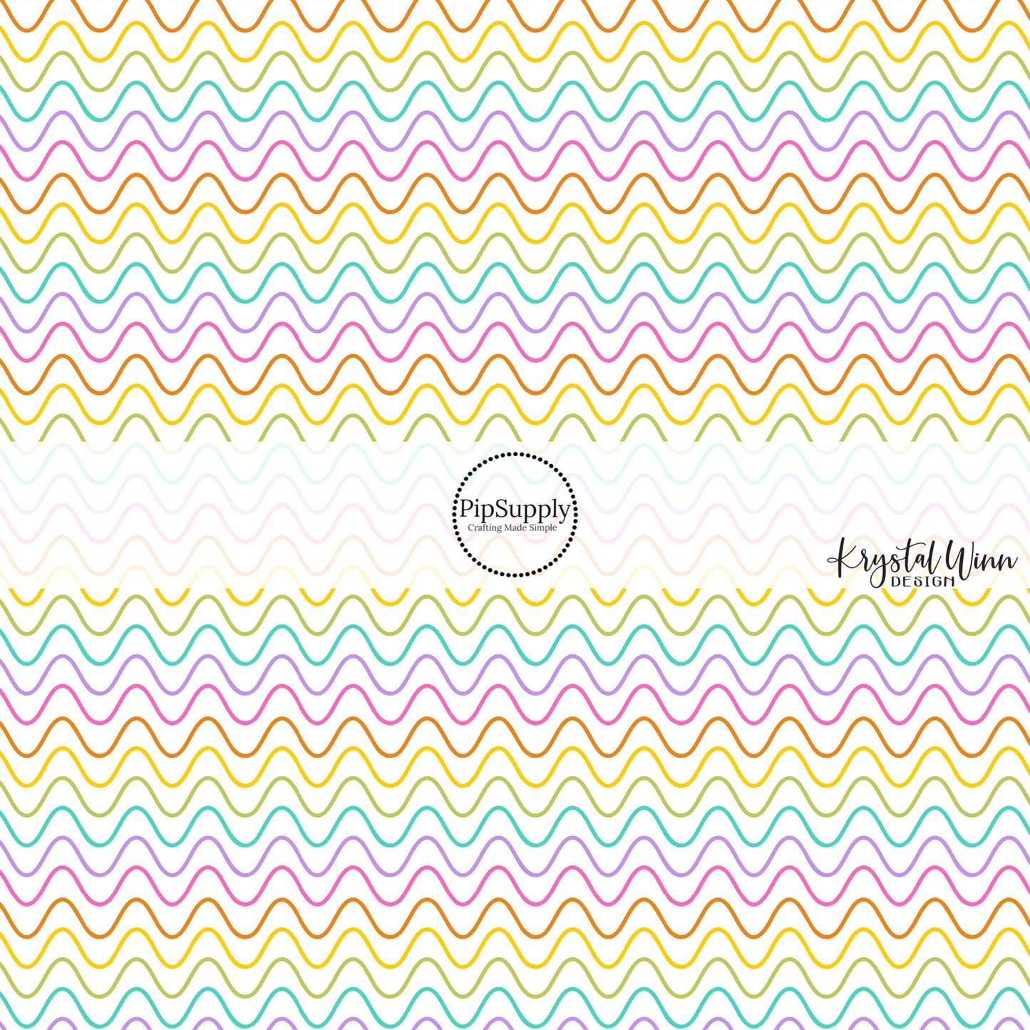 White fabric by the yard with wavy rainbow lines.