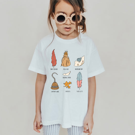 Pirate hook, feathers, fairy dust, and other neverland objects iron on heat transfer.
