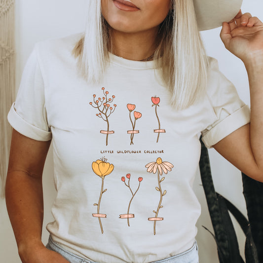 Wild flower collection iron on heat transfer that says "Little wildflower collector"