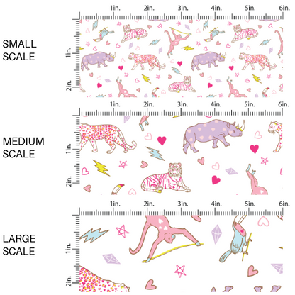 White image with Leopards, rhinos, monkeys, and hearts fabric scaling sizes