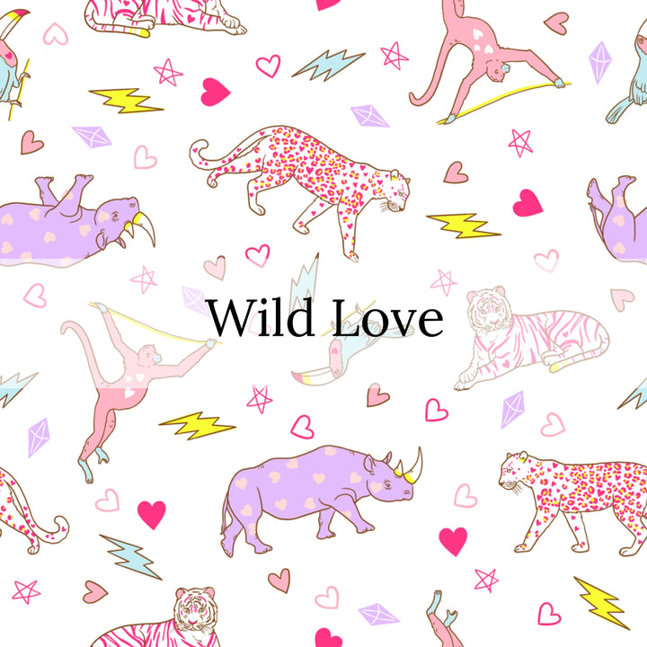 White image with rainbow colored Leopards, rhinos, monkeys, and hearts with the words "Wild Love" fabric pattern