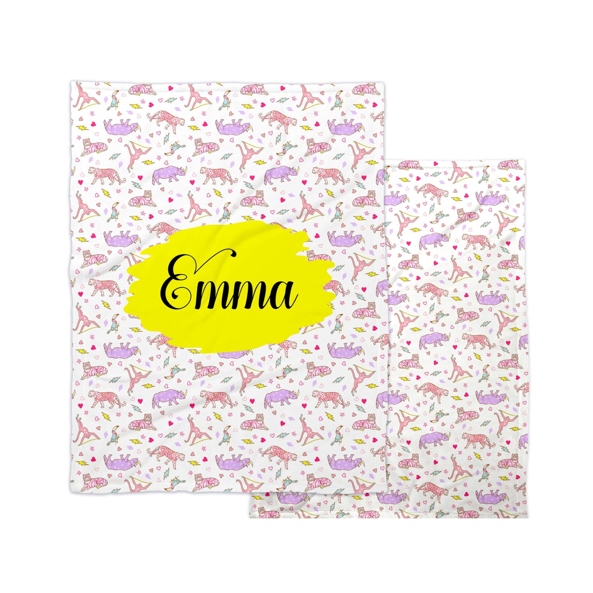 Wild Daisy gallery animal Valentine patterned fleece blankets with customizable name.
