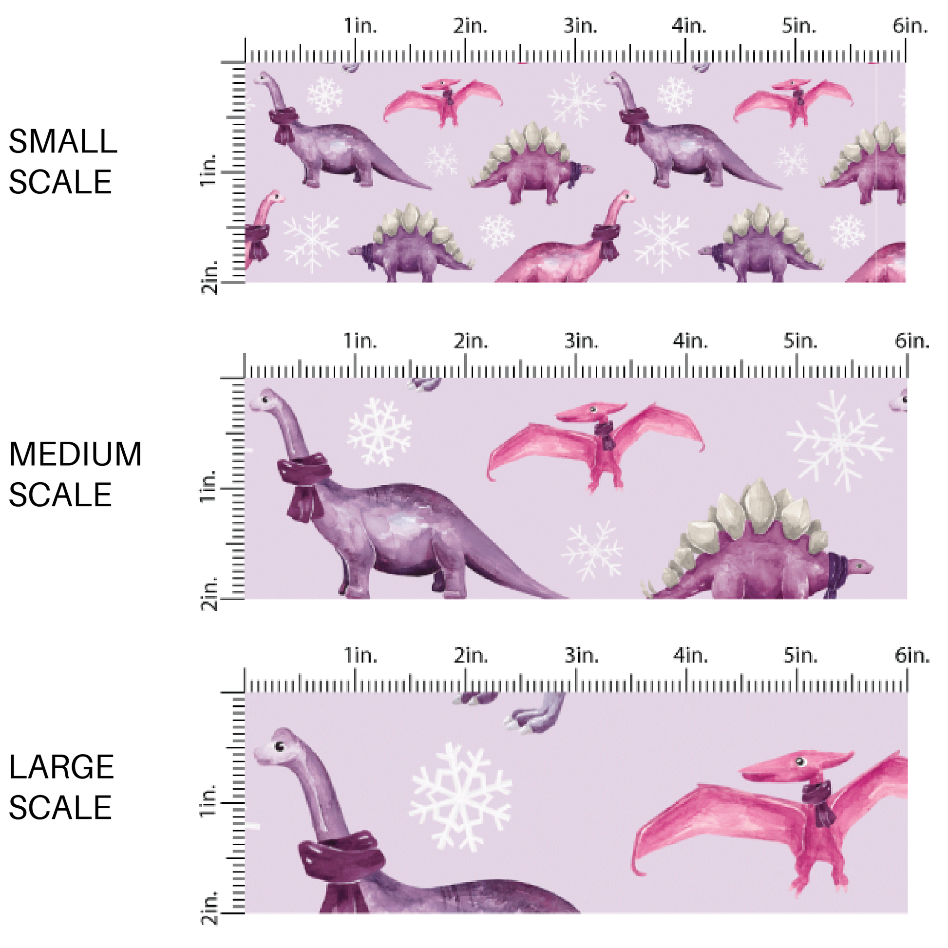 Purple fabric image guide with pink and purple dinosaurs and snowflakes