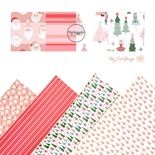 Faux leather sheets that are christmas themed with trees, stripes, and santa