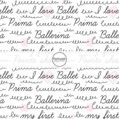 Squiggly lines with ballet inspired words in balck curisve with pink hearts and flowers on white bow strips