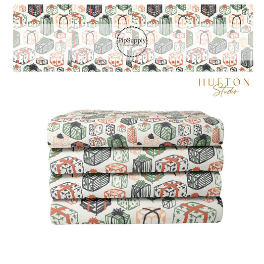 Cream fabric stack with Christmas present designs 