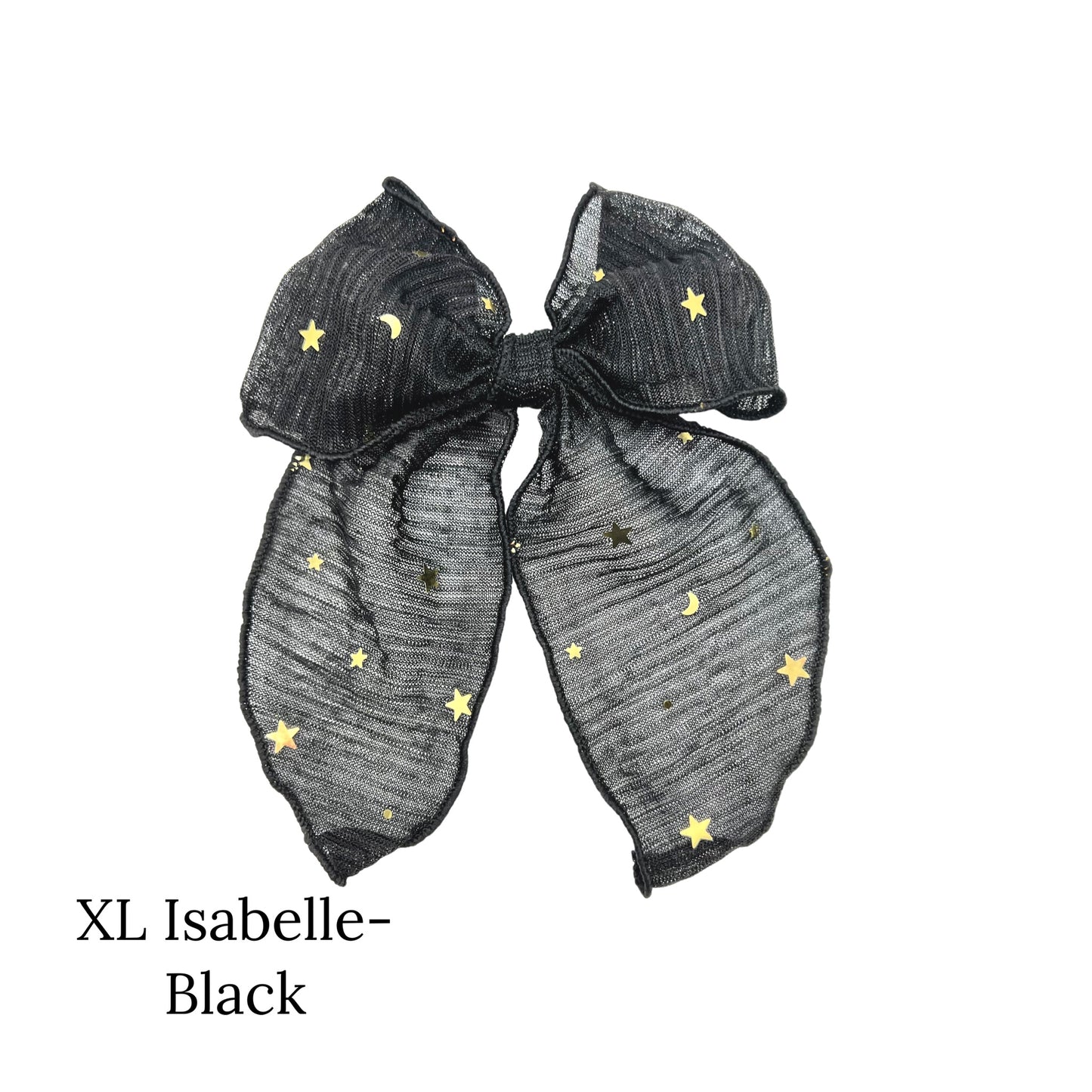 Large black bow with gold stars on a white background