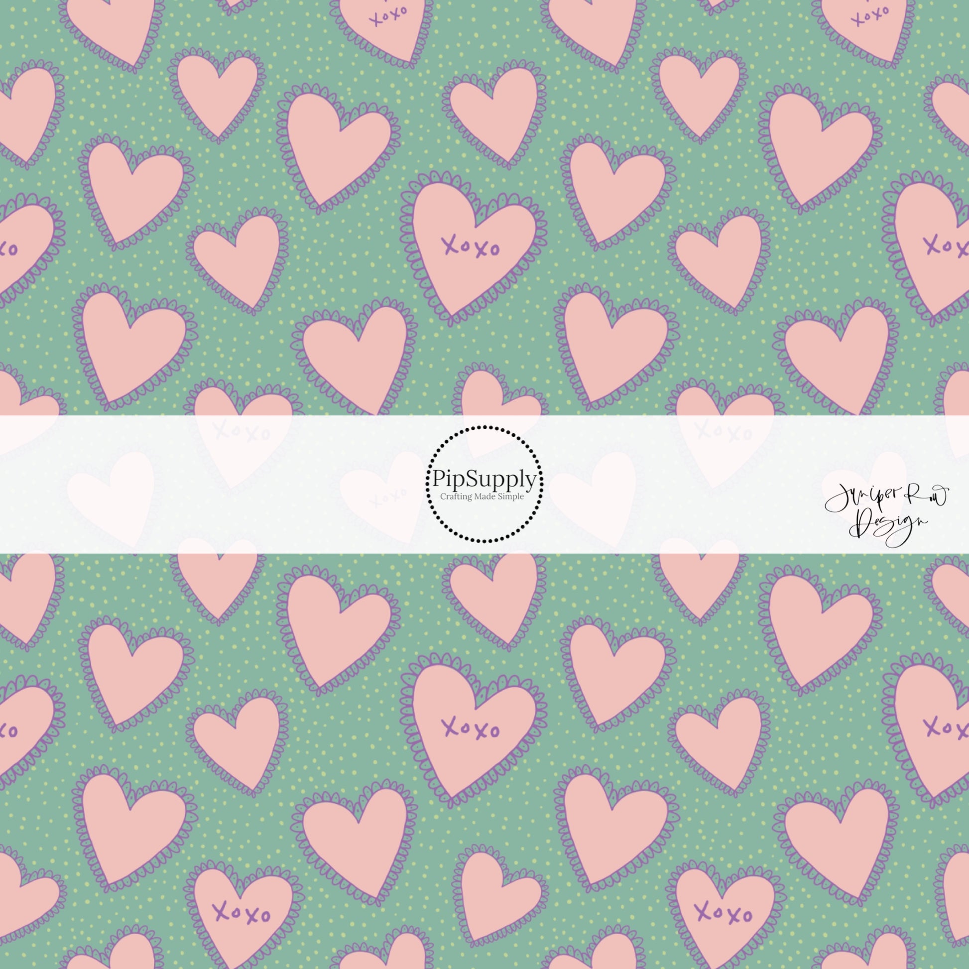 White polka dot with pink hearts outlined in purple with xoxo words on bow strips