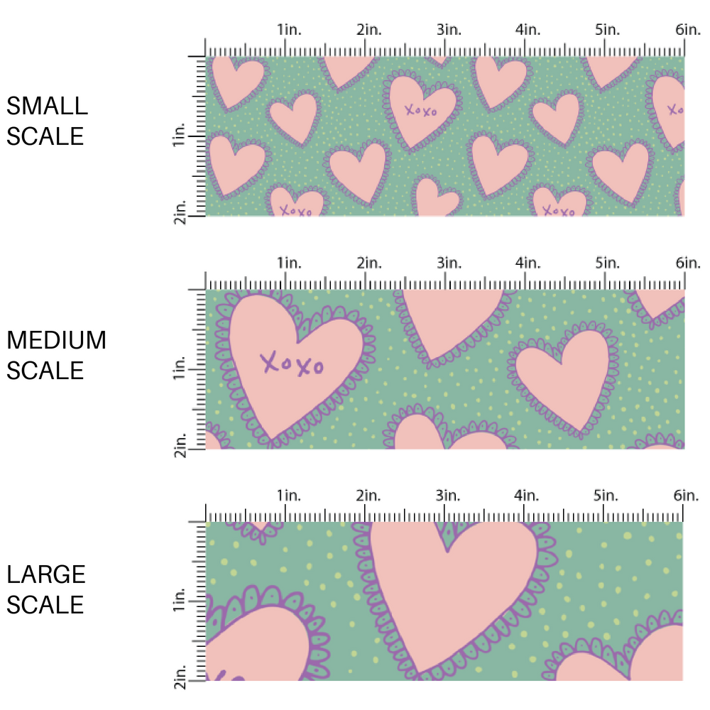 Green Fabric with tiny yellow polka dots and Pink scalloped hearts outlined with a lavender scalloped design with the letters XOXO on the inside of the heart - Fabric by the yard scaling sizes 