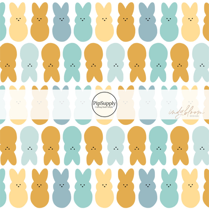 Blue, Yellow, and Teal Easter Bunnies on white fabric by the yard - Peeps Easter Bunny Fabric 