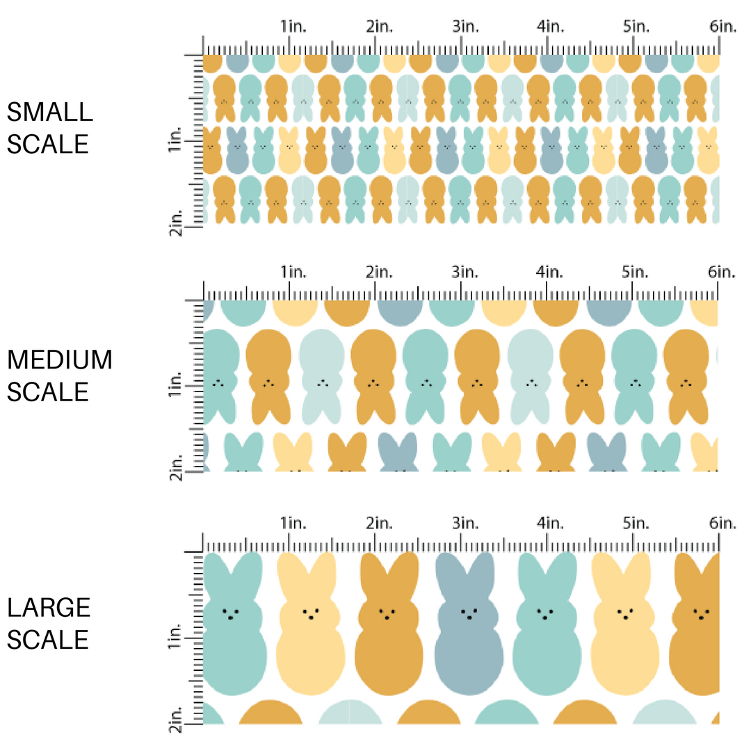 Blue, Yellow, and Teal Easter Bunnies on white fabric by the yard scaled image guide - Peeps Easter 