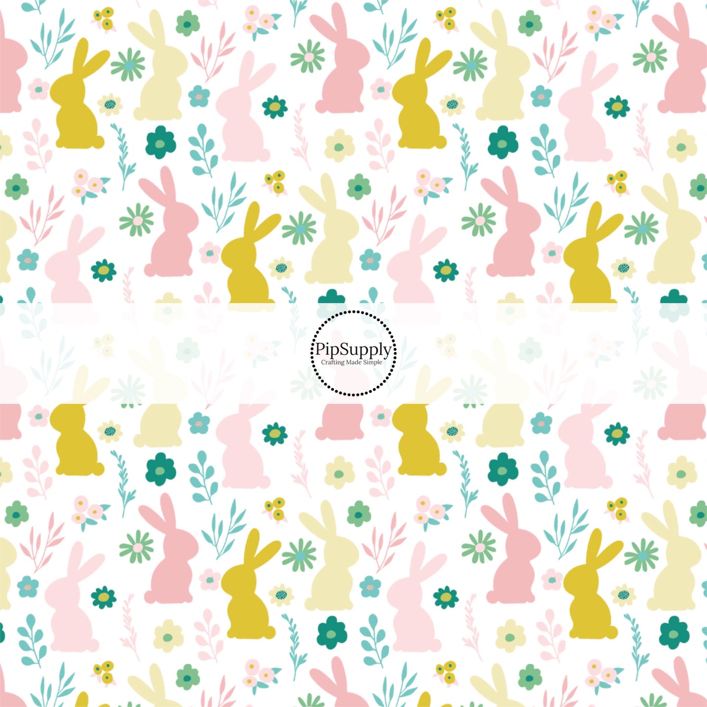 Pink, green, and yellow flowers with big pink and yellow bunnies on white bow strips