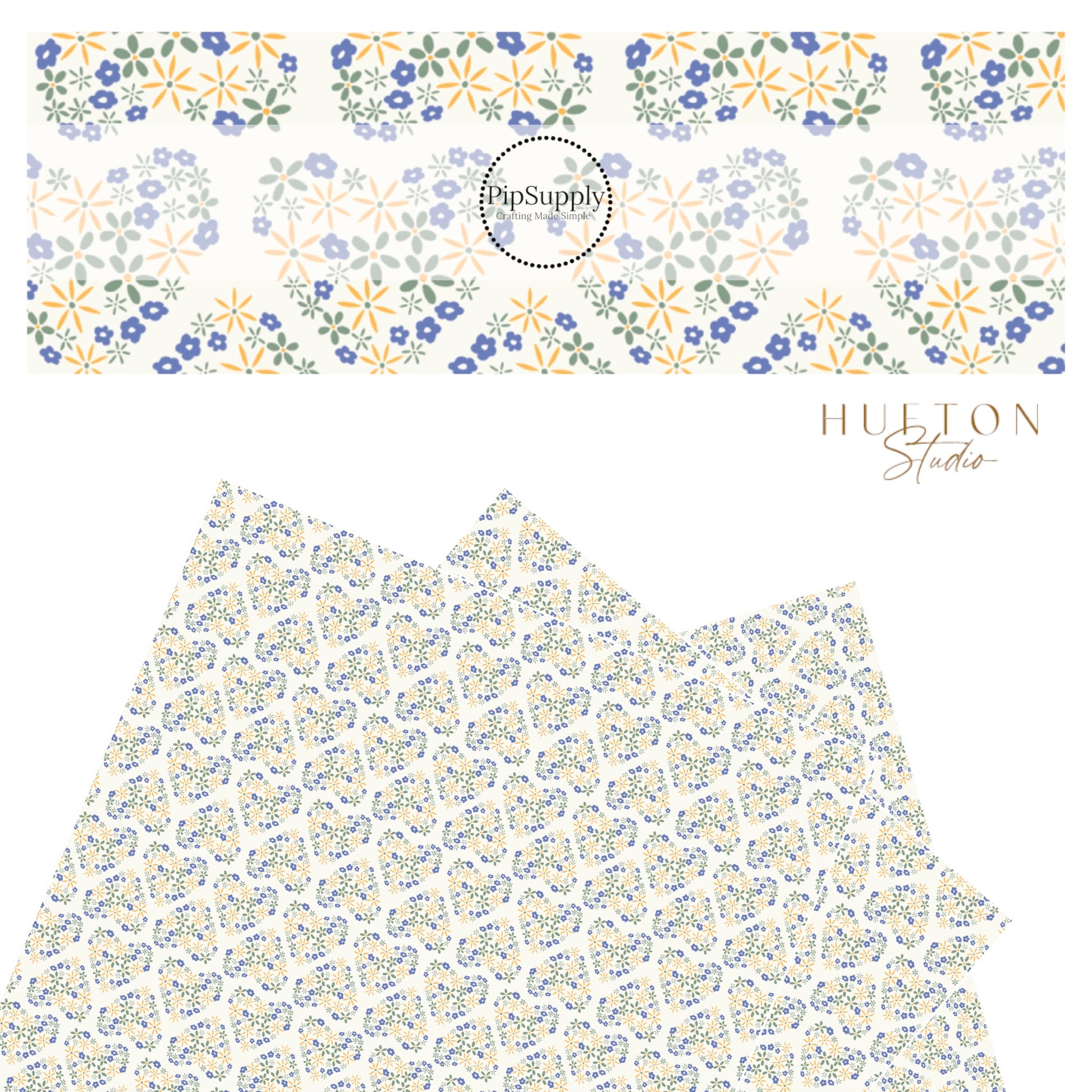Tiny yellow, blue, and green flowers that make a heart on a cream faux leather sheet