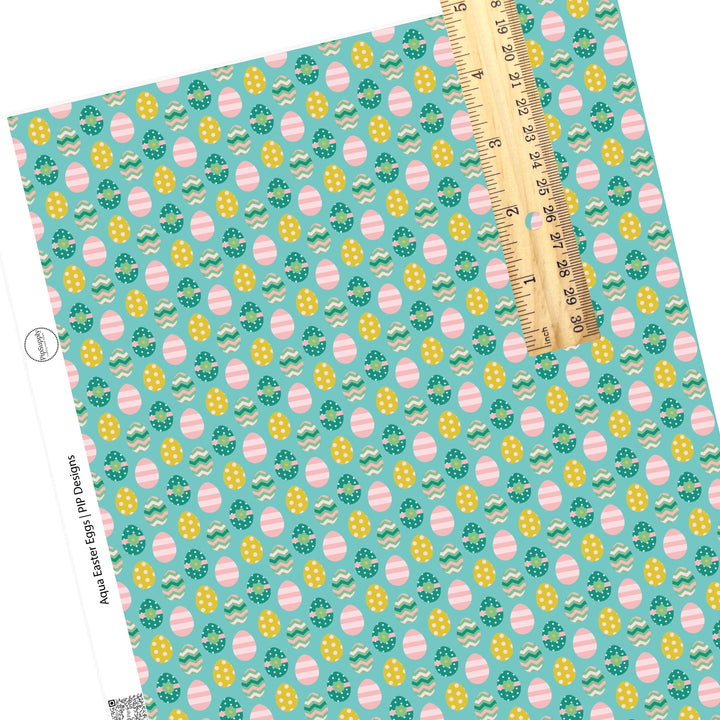 Chevron, polka dots, stripes, and floral easter eggs on aqua faux leather sheets