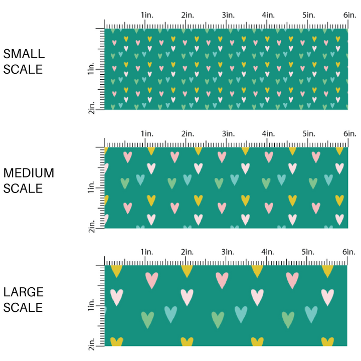 pink, yellow, and blue scattered hearts on aqua colored fabric by the yard scaled image guide