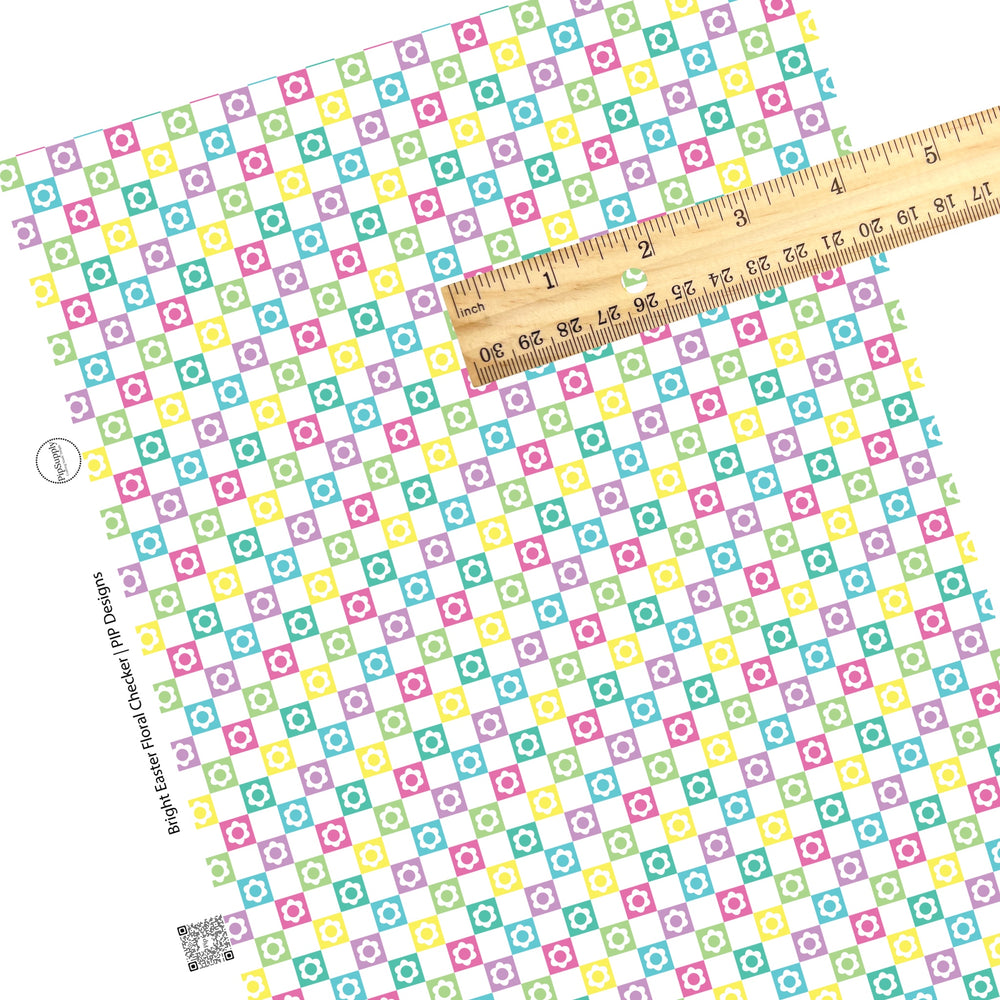 Yellow, purple, green, pink, and turquoise checker with white tiles and white flower cutouts faux leather sheet