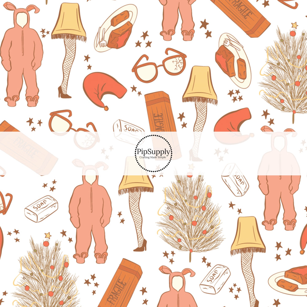 Classic Holiday movie themed pattern with Broken glasses, soap bar, rabbit pajamas and christmas tree