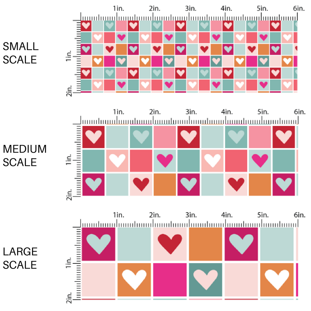 Multi-colored pink, orange, and blue checkered print with hearts fabric by the yard scaled image guide