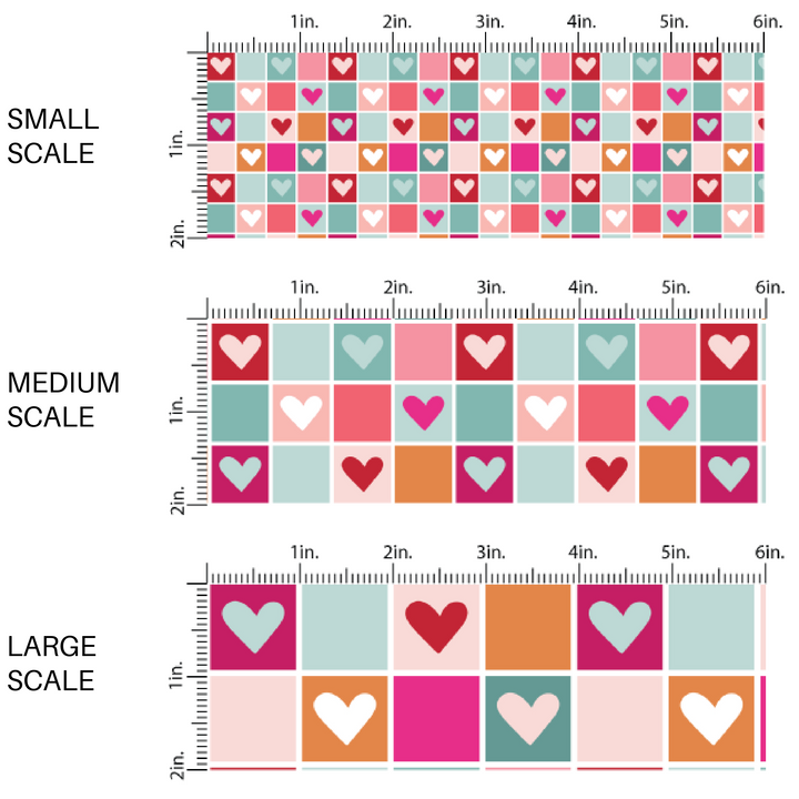 Multi-colored pink, orange, and blue checkered print with hearts fabric by the yard scaled image guide