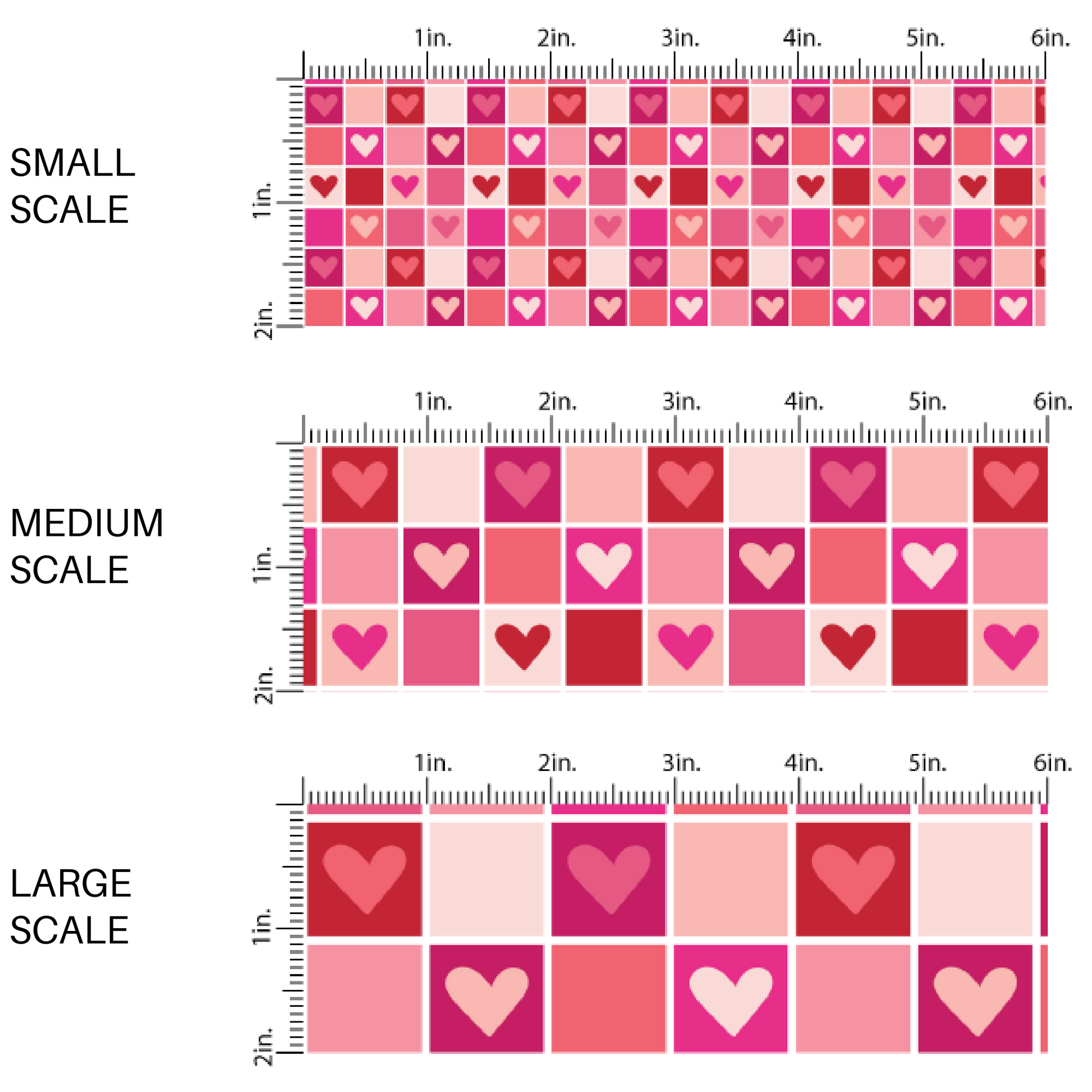 Hot pink, light pink, and red hearts checkered pattern fabric by the yard scaled image guide