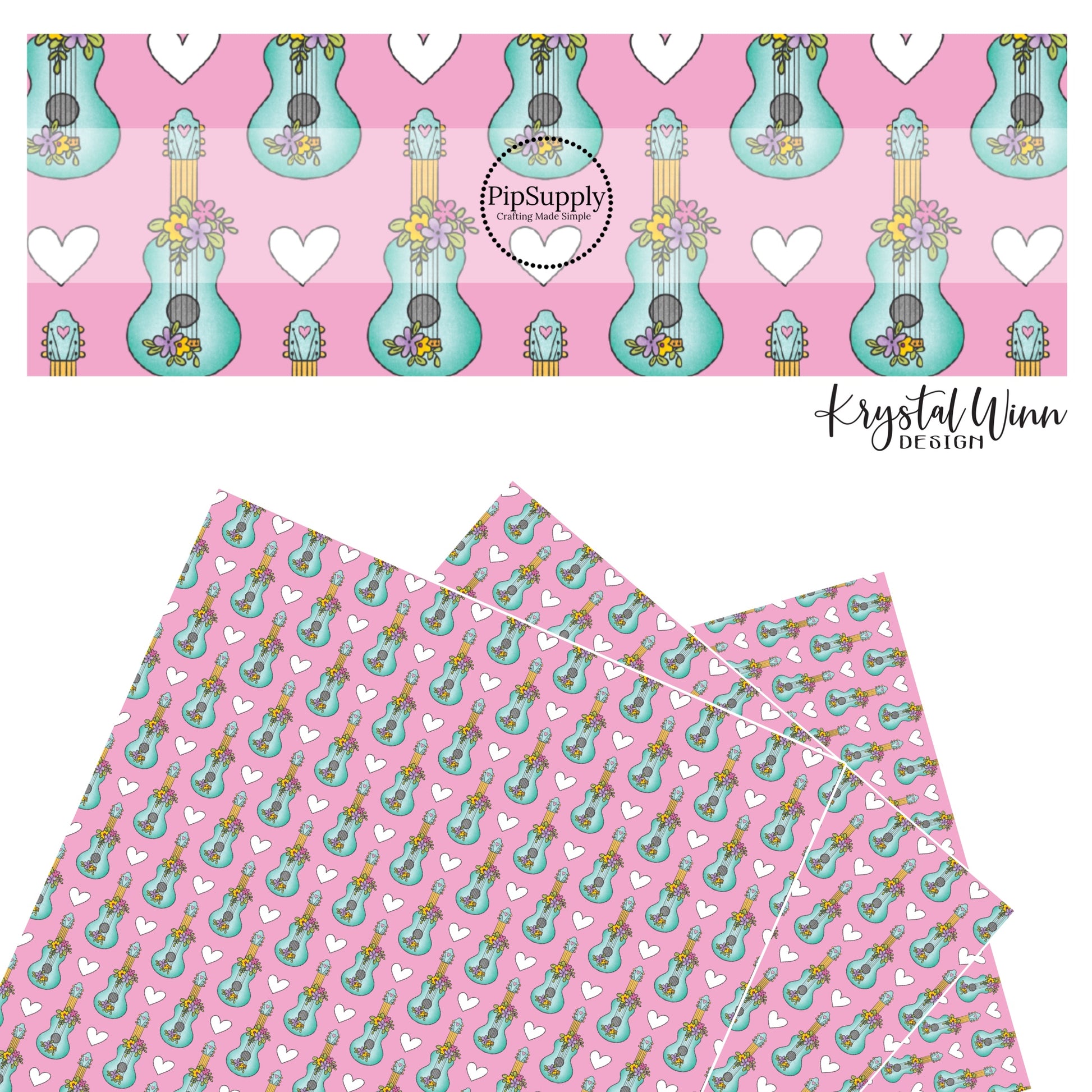White hearts and turquoise guitars with multi floral on pink faux leather sheets