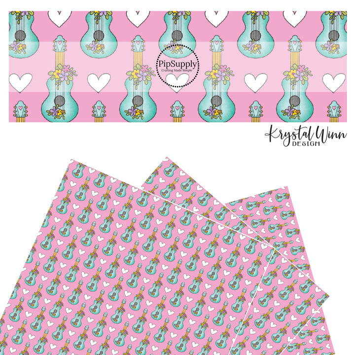 White hearts and turquoise guitars with multi floral on pink faux leather sheets