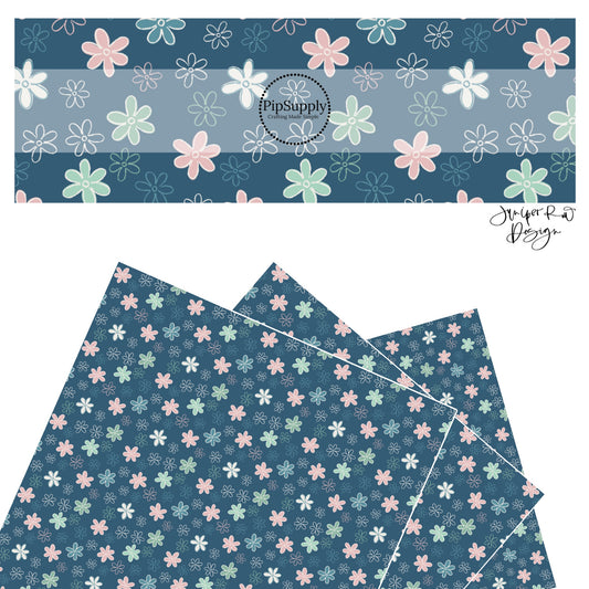 White, pink, blue, and green flowers on navy faux leather sheets