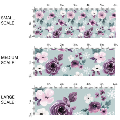 Blue fabric image guide illustration with snowflakes and purple flowers