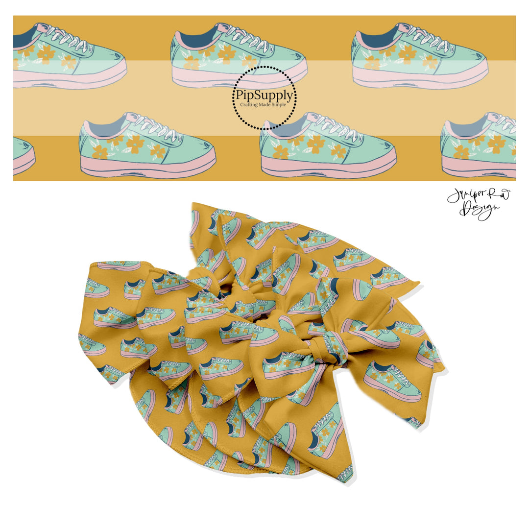 Flowers on aqua shoes on mustard bow strips