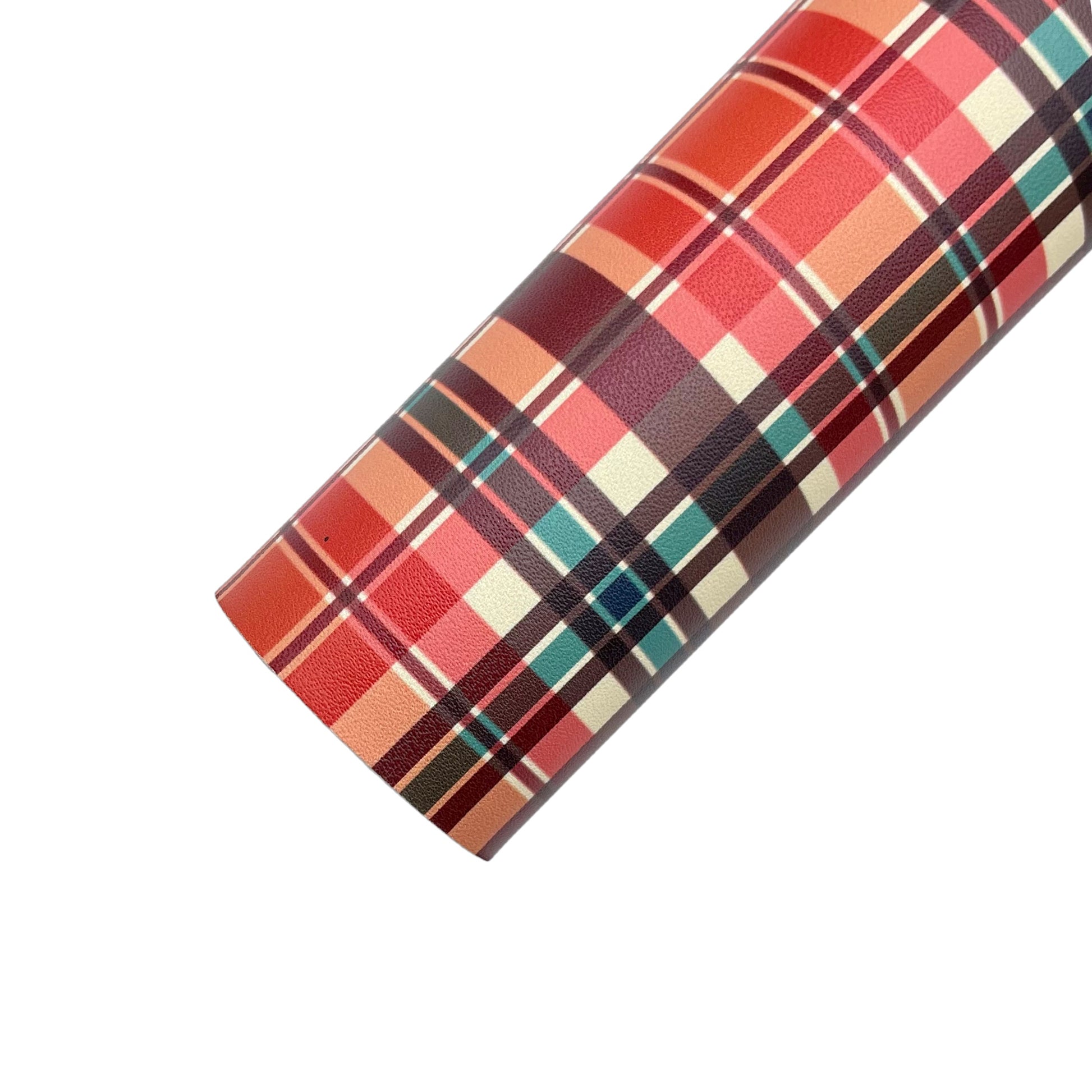 Rolled faux leather sheet with red, brown, teal, and orange plaid.