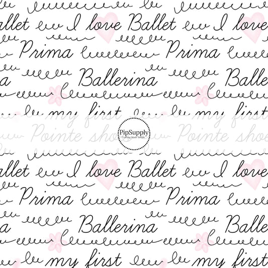 white fabric by the yard with black cursive print and pink hearts and flowers - Ballerina Fabric 