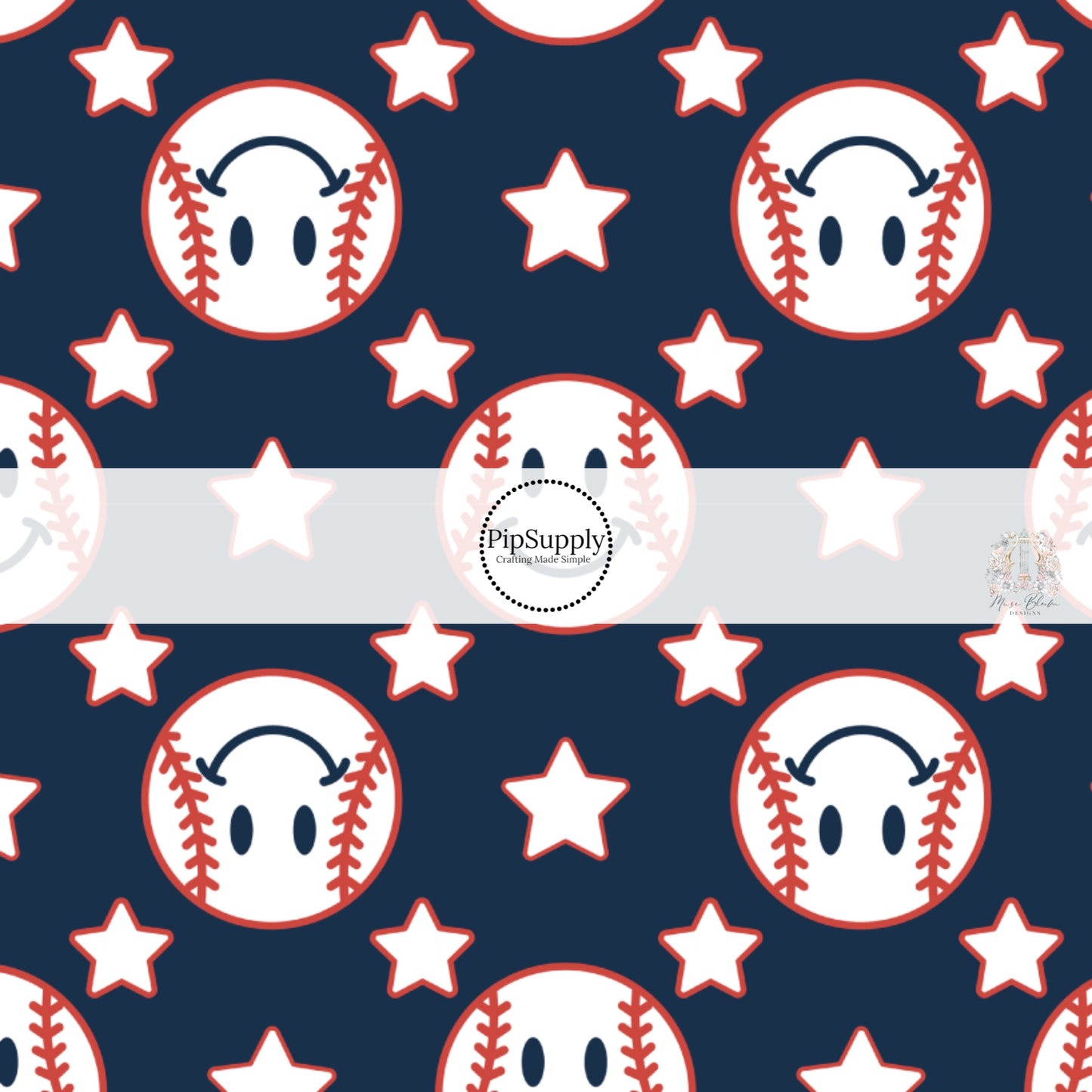 Smiley face baseballs with white stars on navy bow strips