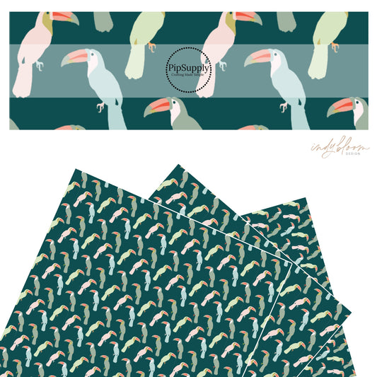 Multi colored toucans on dark teal faux leather sheets