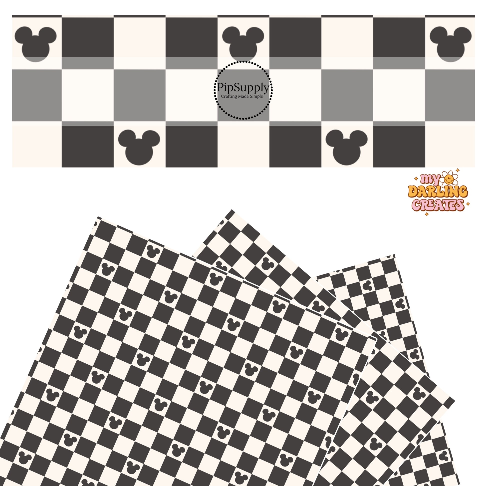 Black mouse on cream tiles with black checker faux leather sheets