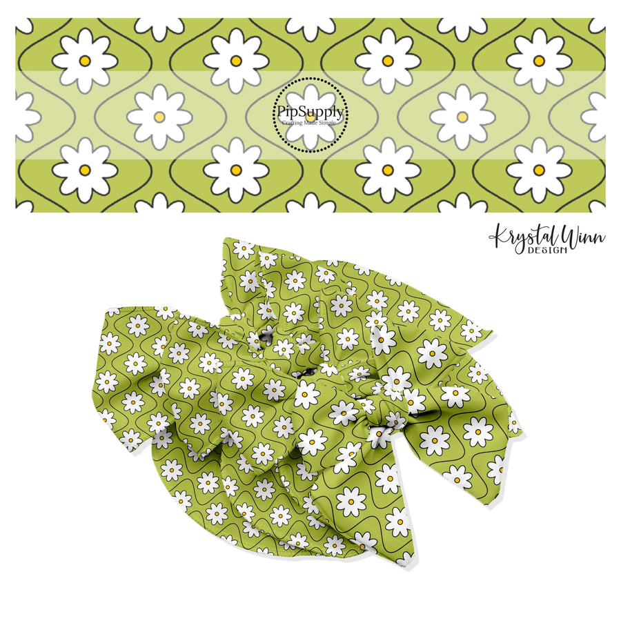 Black thin wavy lines between white daisies on lime bow strips