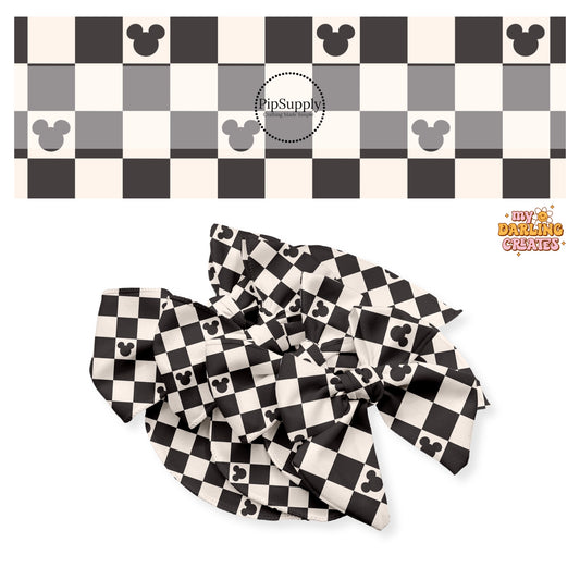 Black mouse head on cream checker with black tiles bow strips