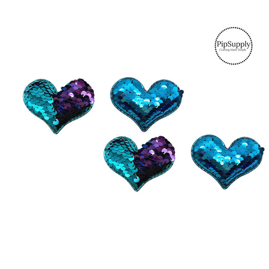 two and a half inch wide blue and purple reversible sequin heart embellisment