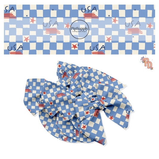 Tiny Red And Navy Stars On A Blue And Cream Checkered Bow Strips