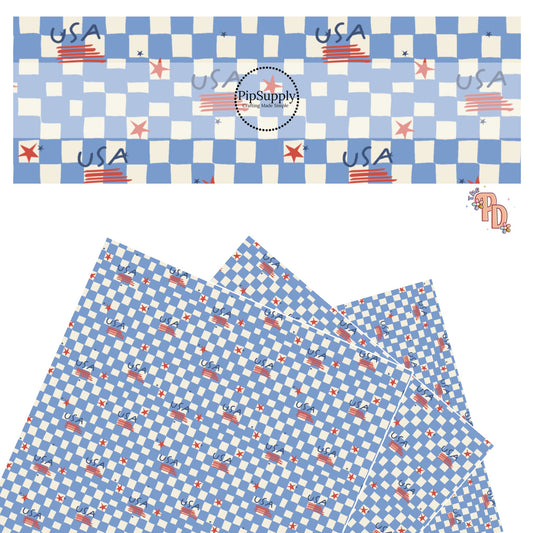 Tiny Red And Navy Stars On A Blue And Cream Checkered Faux Leather Sheet