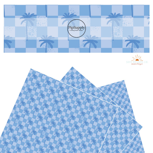 Blue dots with palm trees on blue checkered faux leather sheets