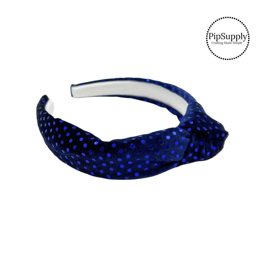 Blue shiny metallic dots on blue velvet knotted headband